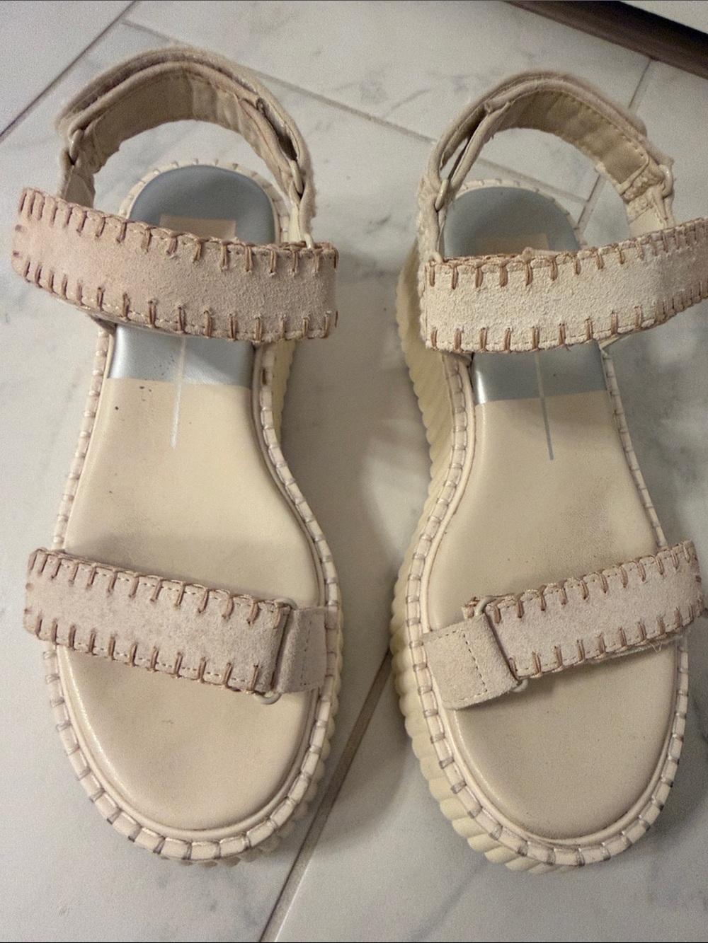 Dolce Vita Cream Beige Suede Whipstitch Platform Sandals